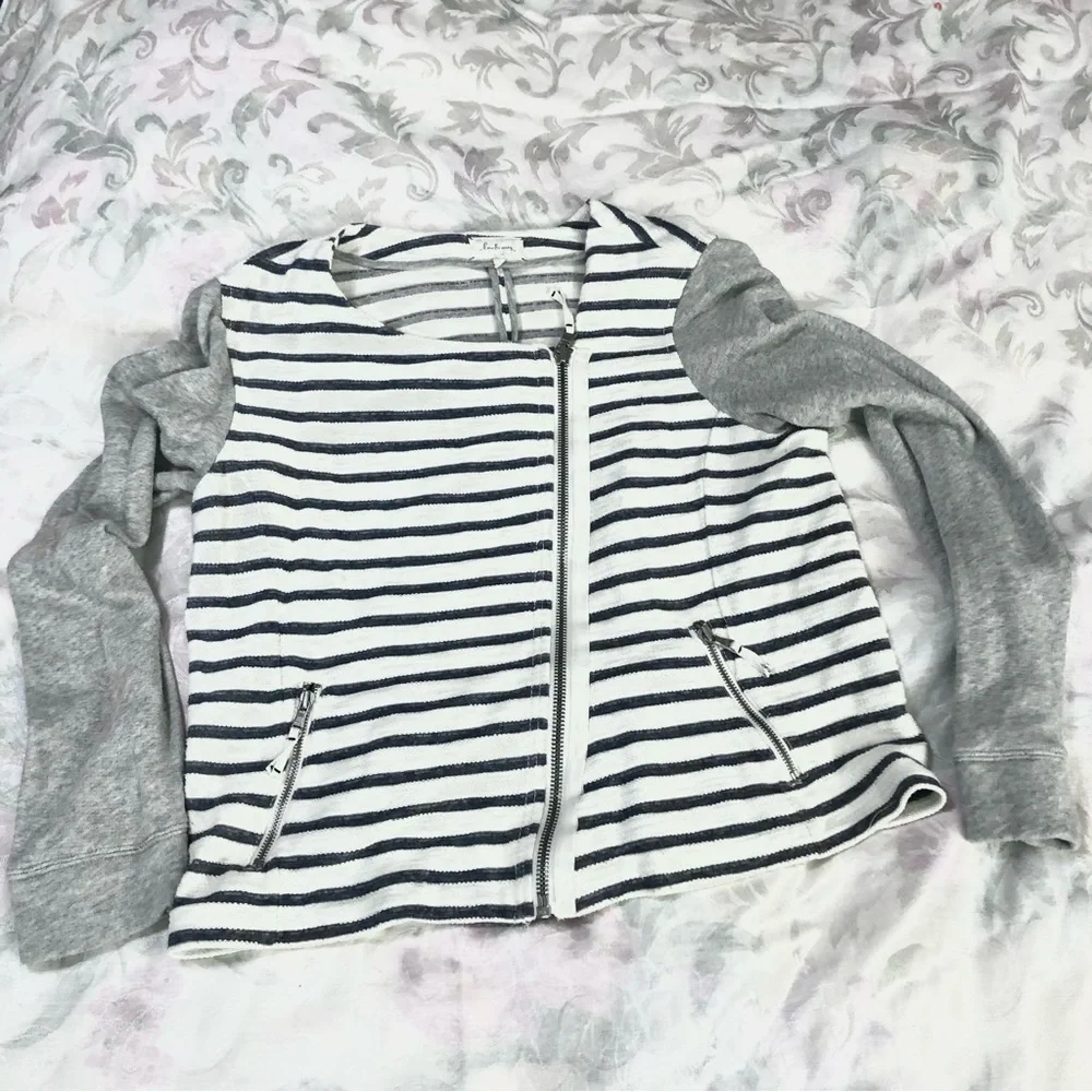 LOU & GREY Anthropologie Moto Jacket Grey & White Stripes Assymetrical Zip sz L - Picture 5 of 13